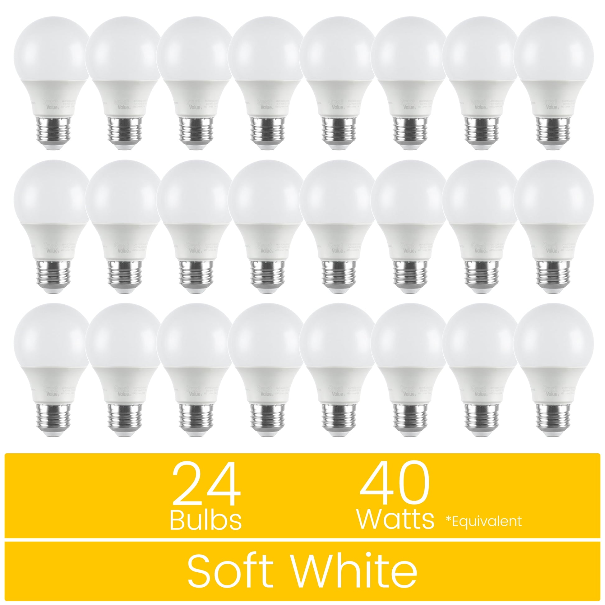 Great Value 18YR A19 LED Light Bulb, 6W (40W Equivalent) Dimmable Soft White E26 Medium Base, 24 Pack