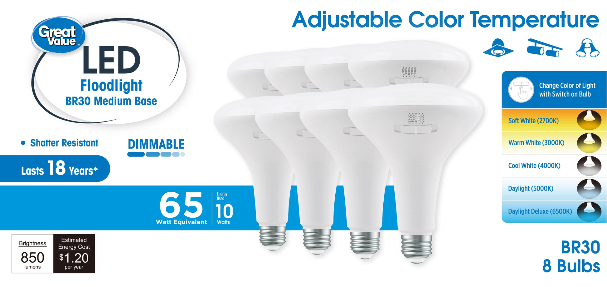 Great Value BR30 LED 10W (65W Equivalent) Adjustable Color Temperature Floodlight E26 Medium Base, Dimmable, 8 Pack