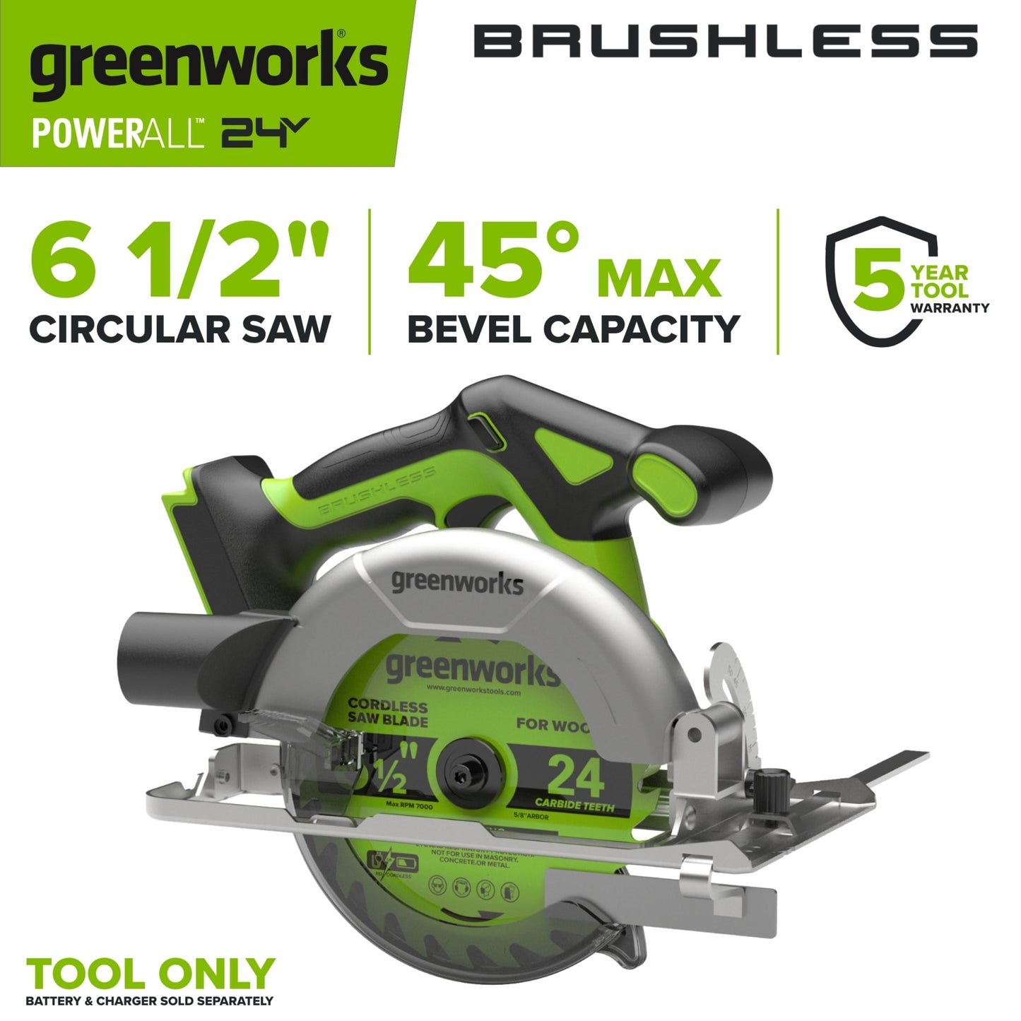 Greenworks PowerAll 24V Brushless 6-1/2" 5000RPM Circular Saw, Tool Only, CR3165A1