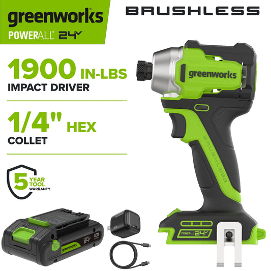 Greenworks PowerAll 24V Brushless 1,900 In-Lb Impact Driver, with 2.0 Ah USB-C Battery, 30W USB-C Charger Block, 3' 100W USB-C Cable, ID3200A1