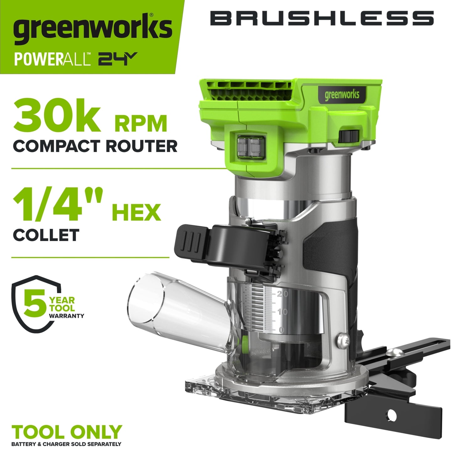 Greenworks PowerAll 24V Brushless Cordless Router, (Tool Only), RT350A1