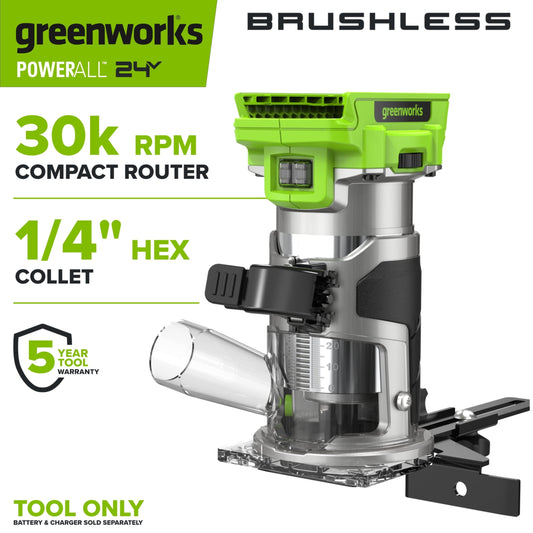 Greenworks PowerAll 24V Brushless Cordless Router, (Tool Only), RT350A1
