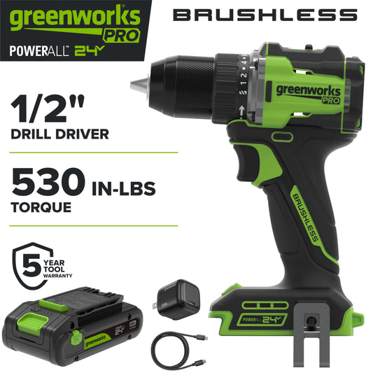 Greenworks Pro PowerAll 24V Brushless 1/2" 530 in-lb Drill Driver, with 2.0 Ah USB-C Battery, 30W USB-C Charger Block, 3' 100W USB-C Cable, DD560A1