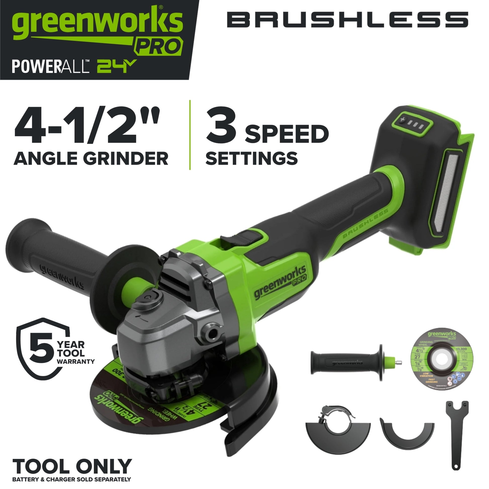 Greenworks Pro PowerAll 24V Brushless 4-1/2" Angle Grinder, Tool Only, AG590A2