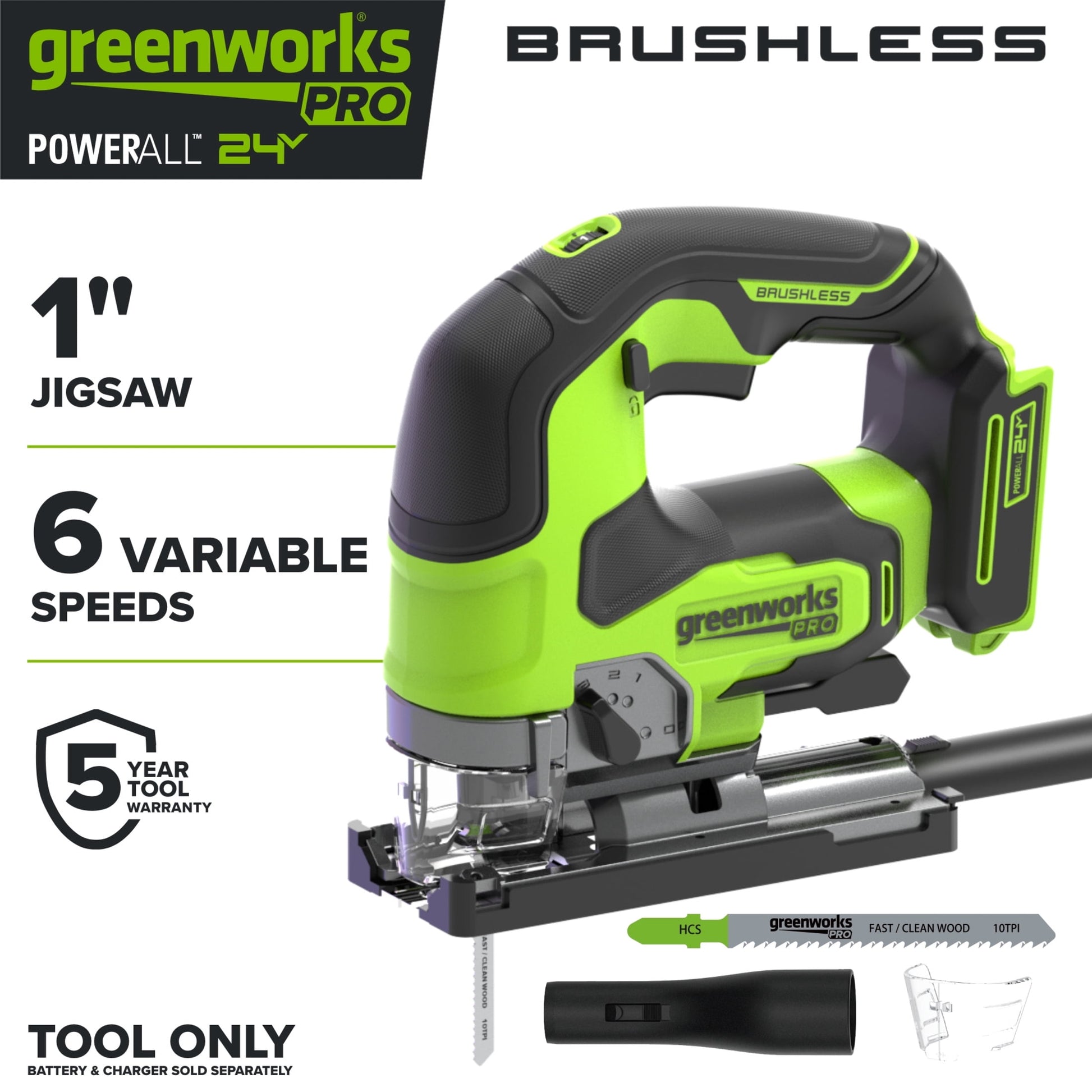 Greenworks Pro PowerAll 24V Brushless 3,600 SPM JigSaw, Tool Only, JS526DA2
