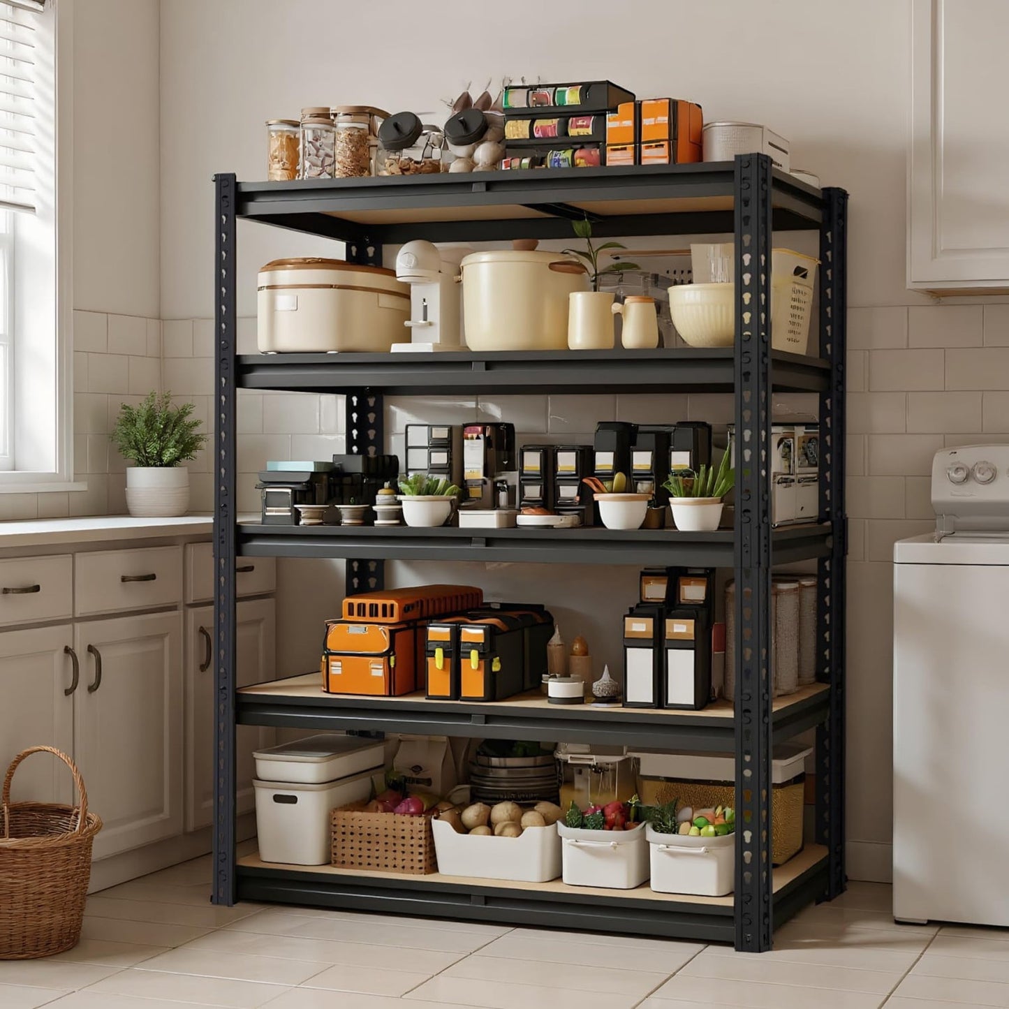 Garage Shelving Storage 60â€ H, Heavy Duty Metal Shelves 2400 lbs Capacity, Adjustable 5 Tier Rack for Basement Warehouse Pantry Closet, Black