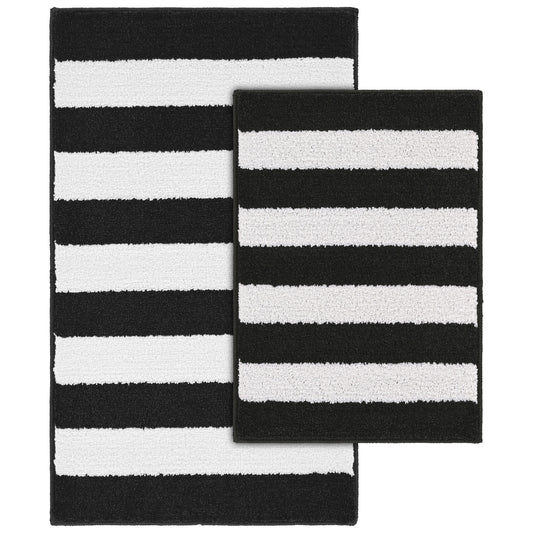 Garland Rug Beach Stripe Washable Bath Rug Set, 2 Piece Set (17"x24" Bath Rug, & 21"x34" Bath Rug) Black/White