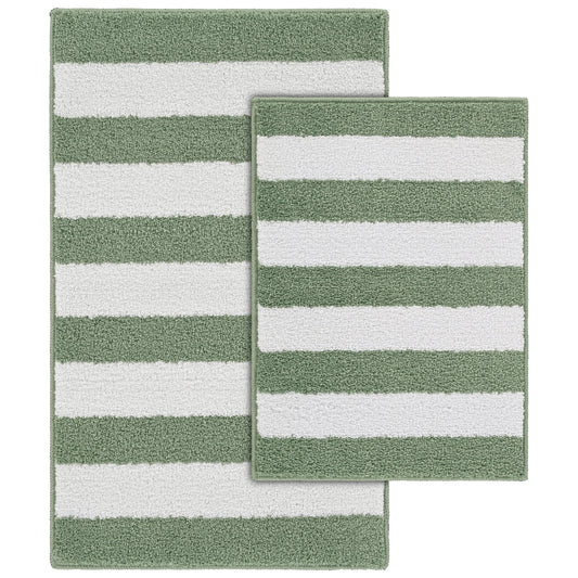 Garland Rug Beach Stripe Washable Bath Rug Set, 2 Piece Set (17"x24" Bath Rug, & 21"x34" Bath Rug) Deep Fern