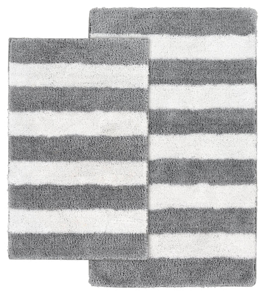 Garland Rug Beach Stripe Washable Bath Rug Set, 2 Piece Set (17"x24" Bath Rug, & 21"x34" Bath Rug) Platinum Gray/White