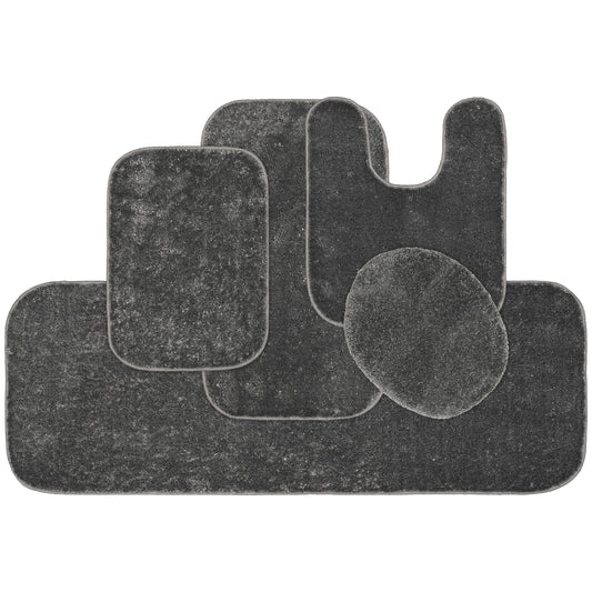 Garland Rug Gramercy Washable Bath Rug Set, 5 Piece (2 Bath Rugs, Contour, Lid Cover, & Runner Rug) Cinder Gray