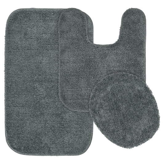 Garland Rug Traditional Washable Bath Rug Set, 3 Piece Set (21"x34" Bath Rug, Contour Rug, & Toilet Lid) Dark Gray