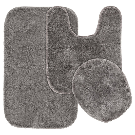 Garland Rug Traditional Washable Bath Rug Set, 3 Piece Set (21"x34" Bath Rug, Contour Rug, & Toilet Lid) Medium Gray