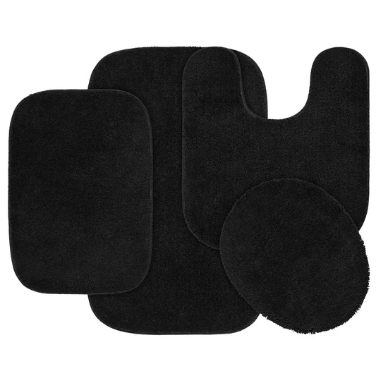 Garland Rug Traditional Washable Bath Rug Set, 4 Piece Set (2 Bath Rugs, Contour, & Lid) Black