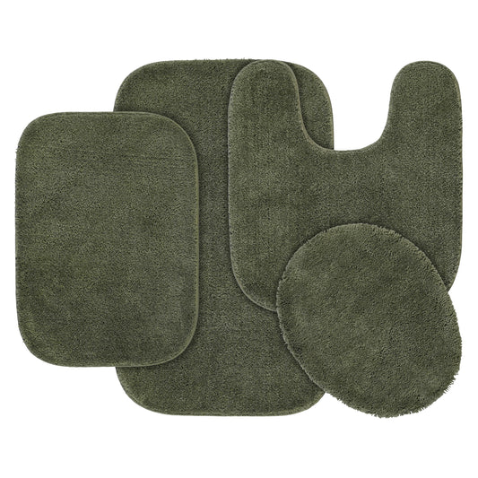 Garland Rug Traditional Washable Bath Rug Set, 4 Piece Set (2 Bath Rugs, Contour, & Lid) Deep Fern