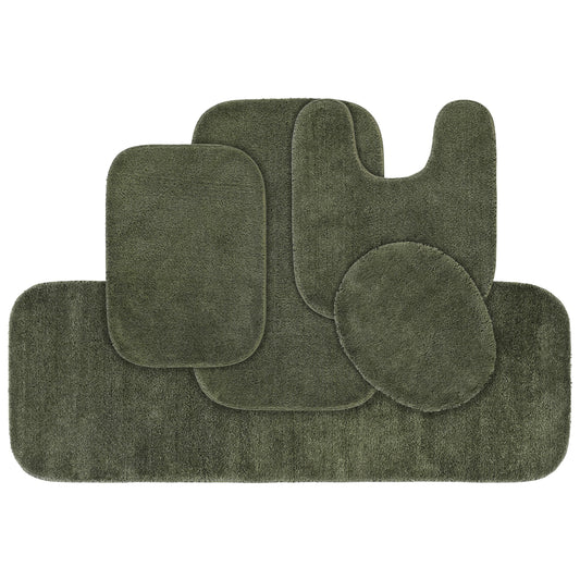 Garland Rug Traditional Washable Bath Rug Set, 5 Piece Set (2 Bath Rugs, Contour, Lid, & Runner) Deep Fern
