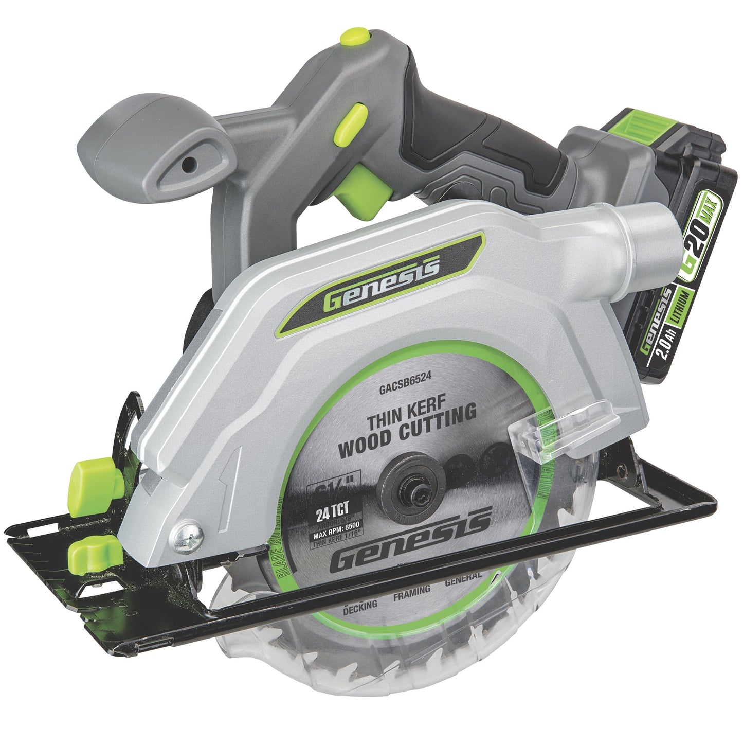 Genesis Cordless Circular Saw 20V 6-1/2 in. G20MAX with Laser & LED Light, 2.0Ah Battery and Charger GLCS2065B