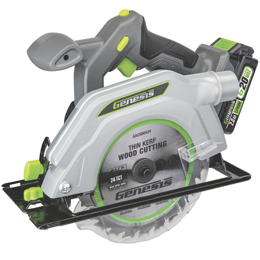 Genesis Cordless Circular Saw 20V 6-1/2 in. G20MAX with Laser & LED Light, 2.0Ah Battery and Charger GLCS2065B