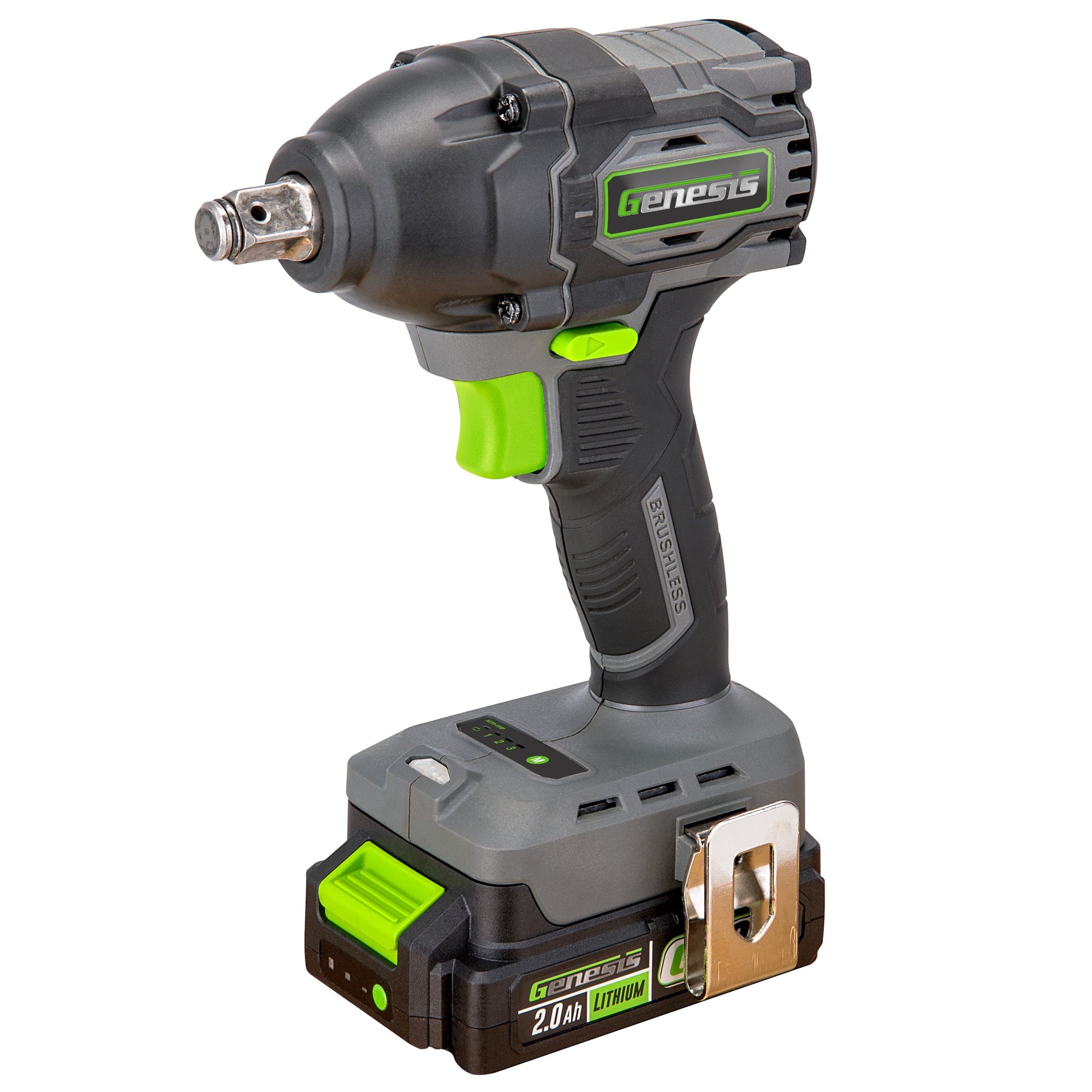 Genesis G20MAX 20V Brushless 1/2" Impact Wrench, 3 Speed, 400 ft-lbs torque, Auto Stop feature, with 2.0Ah Battery and Charger GLIW2012BH