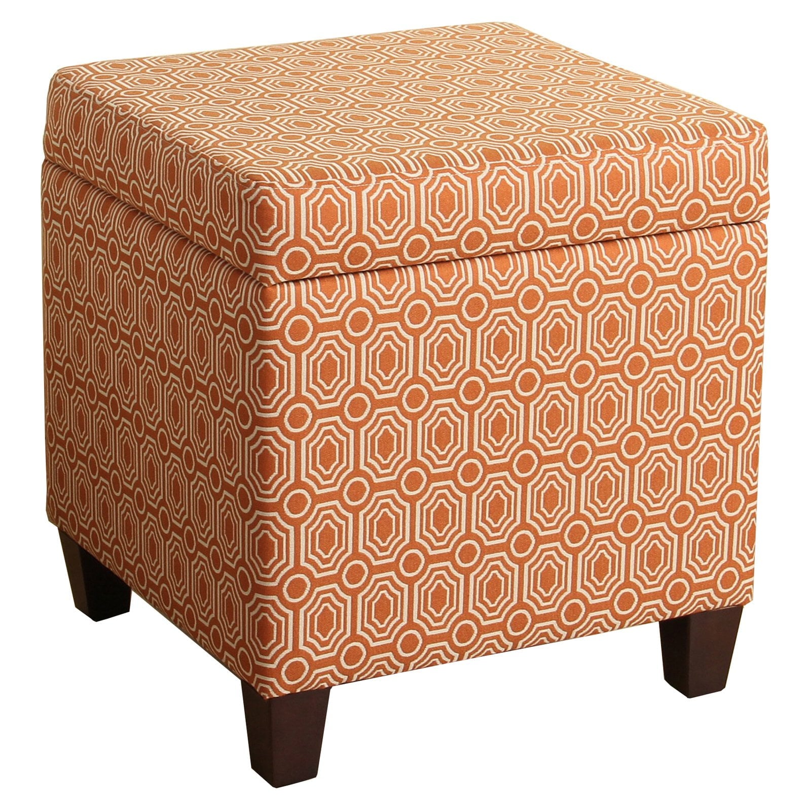 Otoman Cuadrado de Madera con PatrÃ³n GeomÃ©trico y Tapa Desmontable, Almacenamiento, Naranja y Crema - Saltoro Sherpi