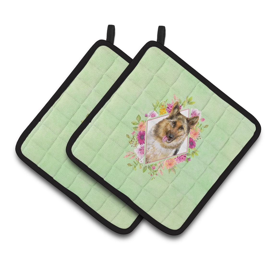 German Shepherd #1 Green Flowers Pair of Pot Holders