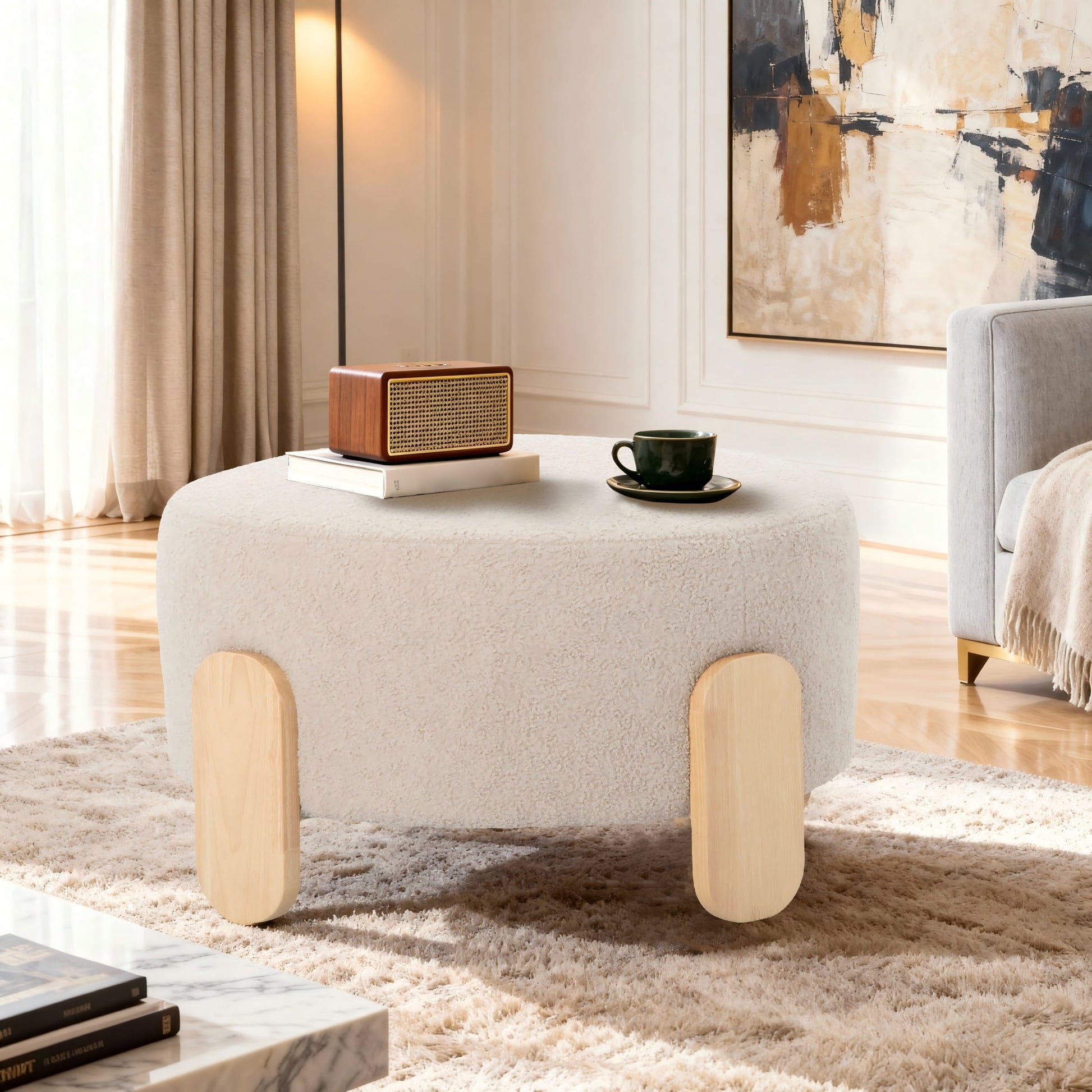 Gewnee 24.8â€Round Ottoman,Teddy Fur Cushioned Stool,Solid Wood Legs,Home Office Multi-Functional Leisure Ottoman.(Beige)