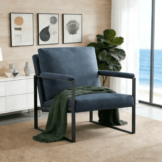 Gewnee Dark Blue 26.8â€ Metal Frame Accent Armchair, Linen Blend Upholstery Solid Wood Seat for Living Room Bedroom Den