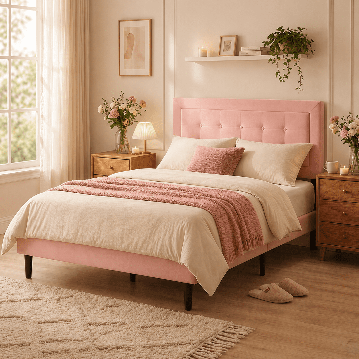 Gewnee Queen Size Bed Frame with Sturdy Wood Slats & Center Leg,No Box Spring Needed,Upholstered Headboard,High Under-Bed Clearance.Black