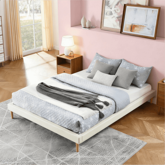 Gewnee King Size Faux Leather Platform Bed Frame,No Box Spring Needed,Solid Wood Center Support,White