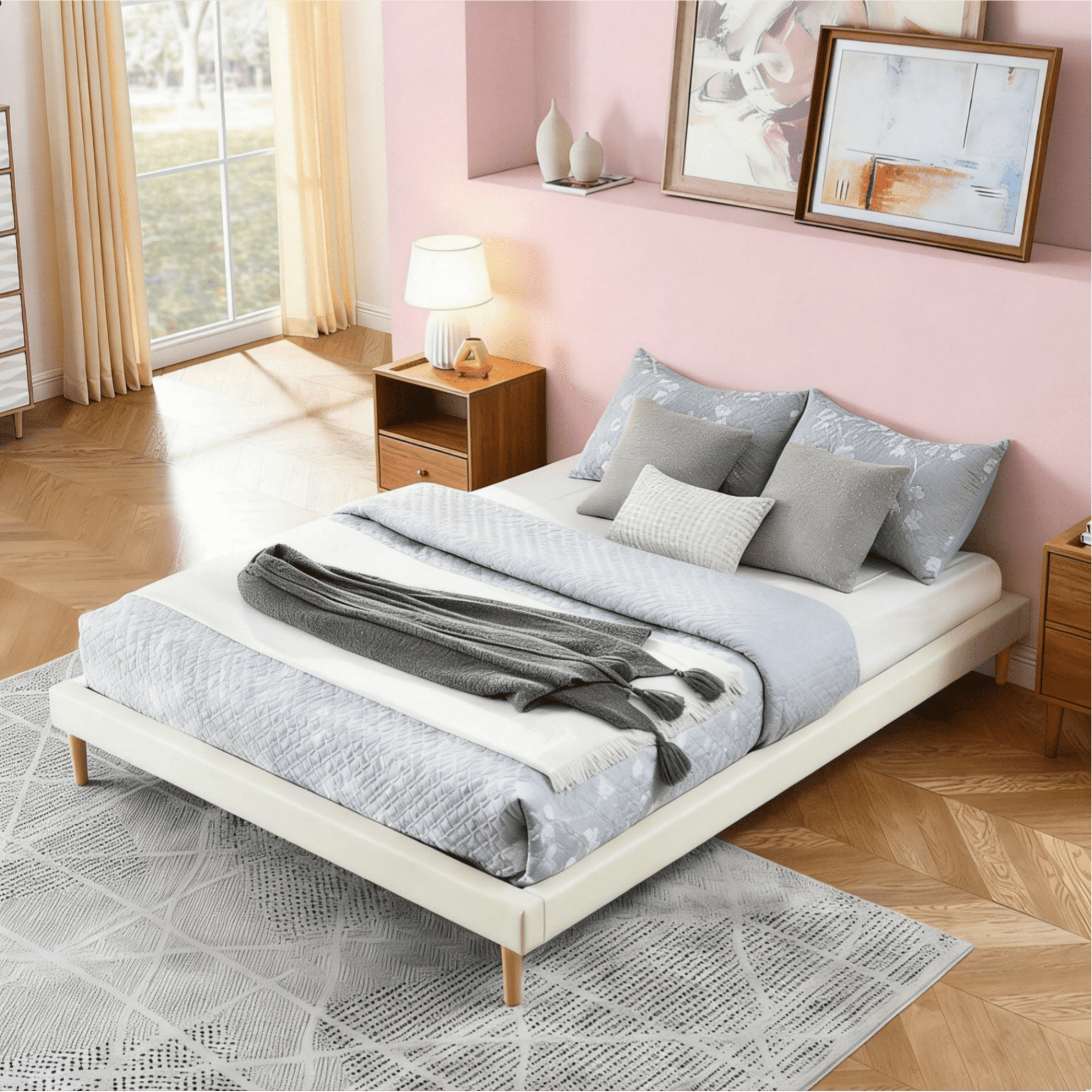 Gewnee Full Size Platform Bed Frame, Faux Leather Upholstered, Center Support, No Box Spring Needed, Comfortable Bedroom Bed (Black)