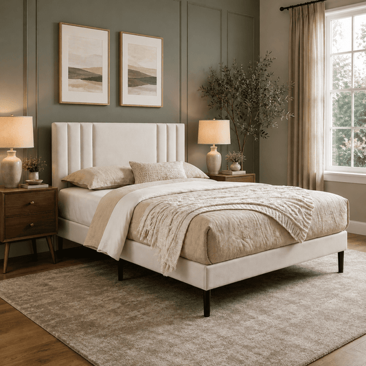 Gewnee King Size Platform Bed Frame, Teddy Velvet Upholstered Headboard with Wood Slats, No Box Spring Needed for Bedroom, White