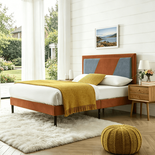 Gewnee Base de Cama Tipo Plataforma TamaÃ±o Queen con Cabecera Tapizada, Soporte de Listones de Madera Maciza, Cabecera Ajustable para ColchÃ³n de 8-14", Patas Centrales Resistentes, sin Box Spring. Naranja