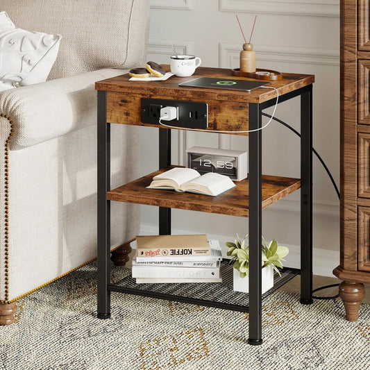 Gianna 15.7" Small Side Table with Charging Station, End Table with Outlets & USB Ports, 3-Tier Adjustable Storage Nightstand for Living Room, Bedroom, Small Spaces, Brown