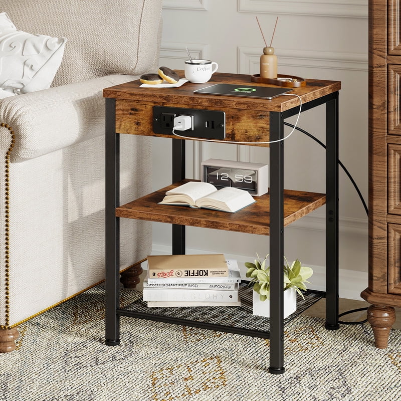 Gianna 15.7" Small Side Table with Charging Station, End Table with Outlets & USB Ports, 3-Tier Adjustable Storage Nightstand for Living Room, Bedroom, Small Spaces, Black