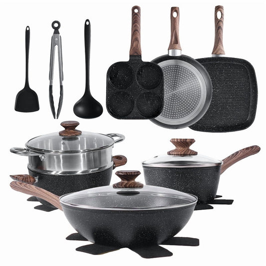 Gianna 17 Pcs Non-Stick Pots and Pans, Non-toxic Kitchen Cooking Set with Stay-Cool Handles, Black