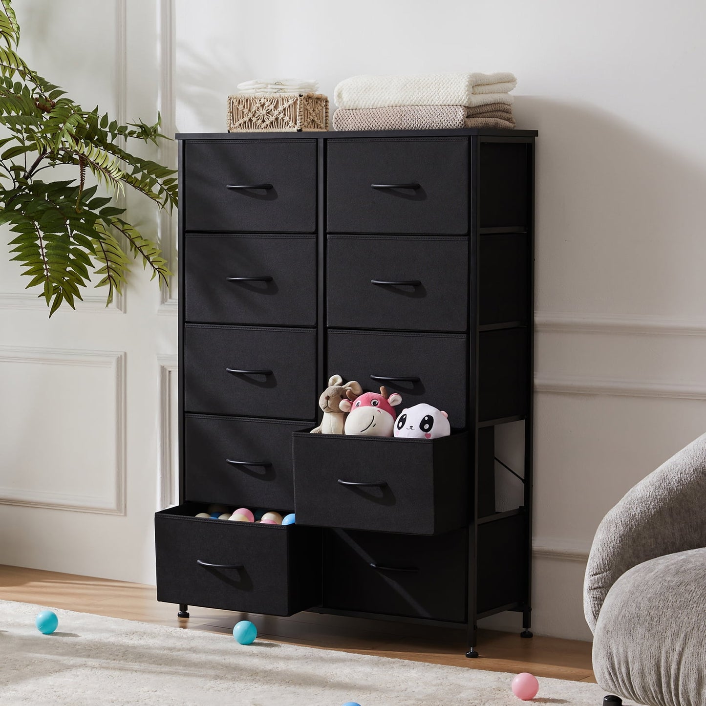 Gianna 2 Drawer Dresser Nightstand and 4 Drawer Dresser Set of 2 for Bedroom, Living Room, Hallway, Tall Chest Organizer with Fabric Bins, Steel Frame, Black