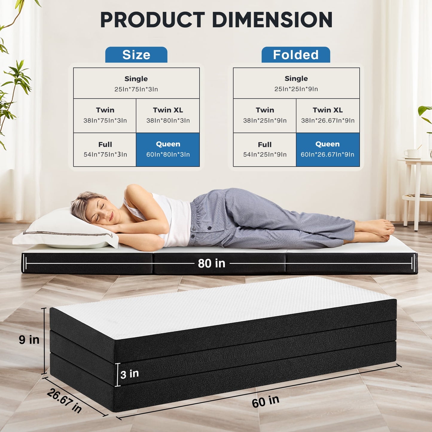 Gianna ColchÃ³n Queen de Memory Foam de 3", ColchÃ³n Plegable PortÃ¡til de Triple Pliegue para Camas de Invitados y Viajes
