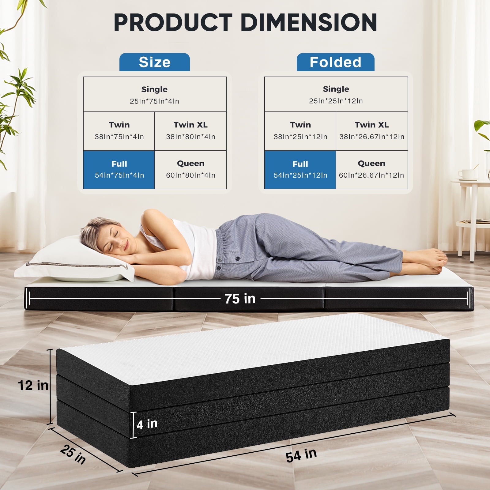 Gianna 4" Full Memory Foam Tri-Fold Mattress, Portable Foldable Mattress for Guest Beds & Travel