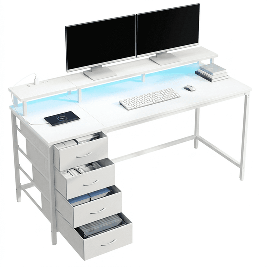 Gianna 47-Inch Computer Desk with Power Outlets and LED Lights, Gaming Desk with 4 Drawers and Monitor Stand for Small Spaces, White