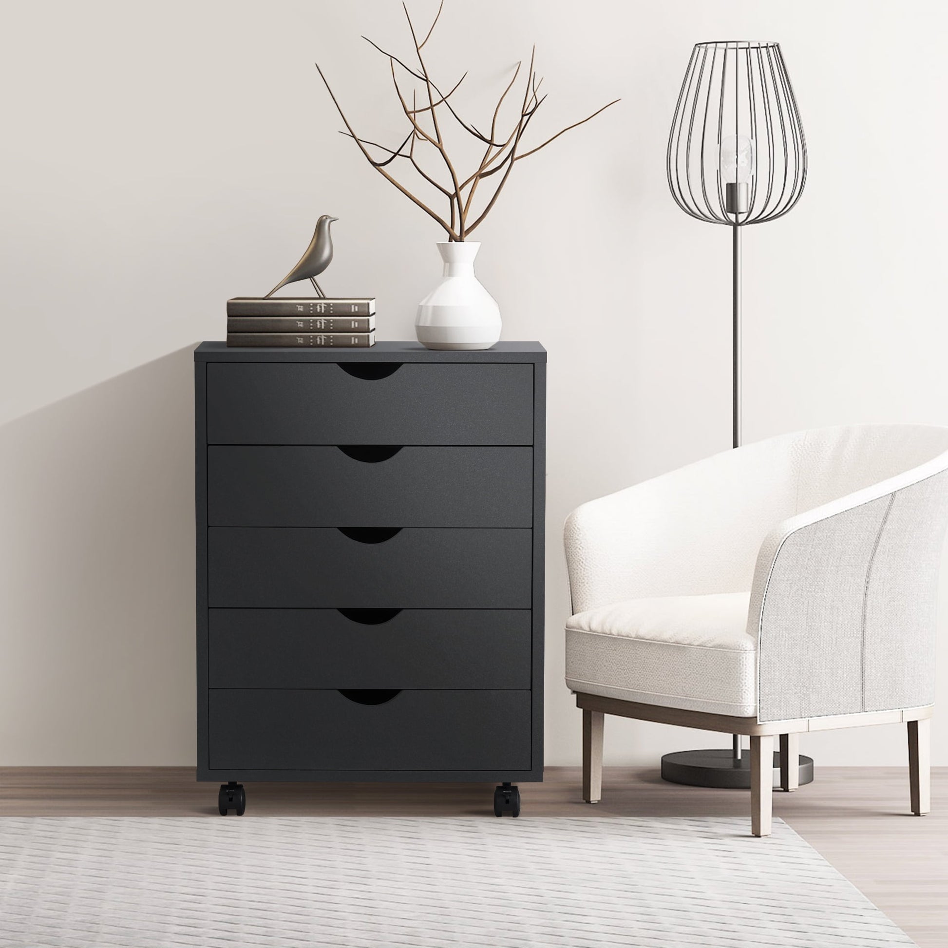 EDX 5 Drawer Storage Cabinet with Wheels for Bedroom, Home, Office Organization, Black