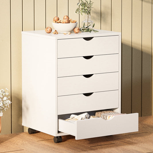 CONCETTA 5 Drawer Storage Cabinet with Wheels for Bedroom, Home, Office Organization, White