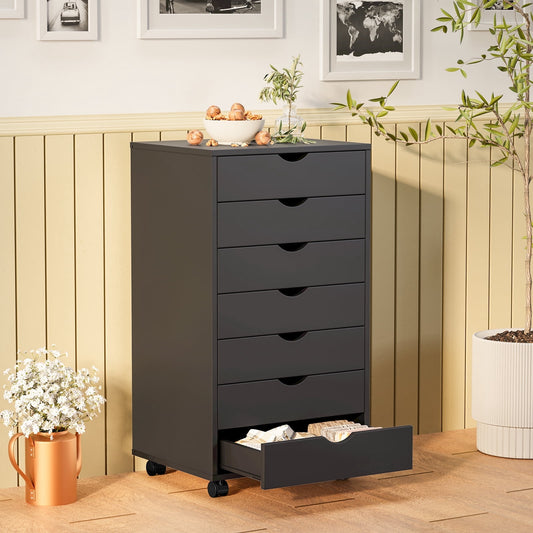 CONCETTA 7 Drawer Storage Cabinet with Wheels for Bedroom, Home, Office Organization, Black