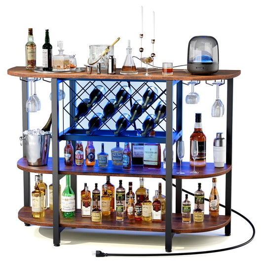Gianna Bar Cart with Charging Station, LED Home Bar Cabinet with Storage, Metal Small Bar Cabinet, Liquor Cabinet with Glasses & Wine Bottle Holder, Rustic Brown