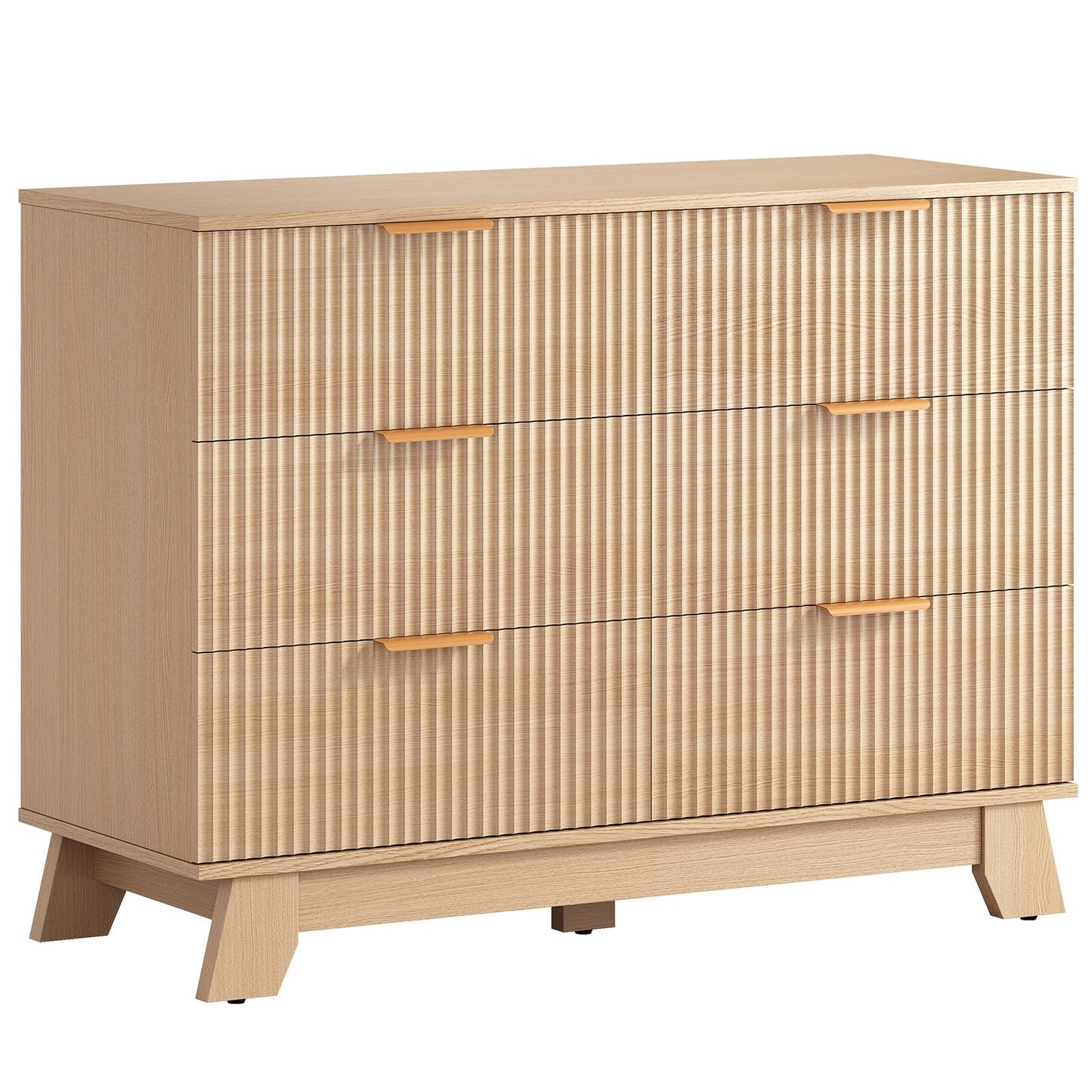 Gianna Fluted Dresser, 6 Drawer Dresser, Modern Wooden Chest of Drawers with Heightened Legs for Bedroom, Natural Wood