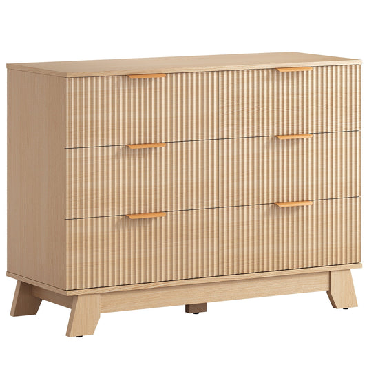 Gianna Fluted Dresser, 6 Drawer Dresser, Modern Wooden Chest of Drawers with Heightened Legs for Bedroom, Natural Wood