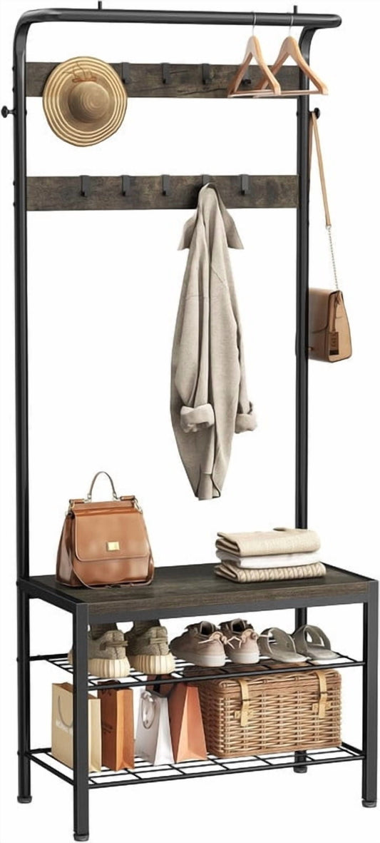 Gianna Hall Tree with Shoe Bench and Coat Rack, 4-in-1 Coat and Shoe Rack for Entryway, Mudroom Storage, Gray