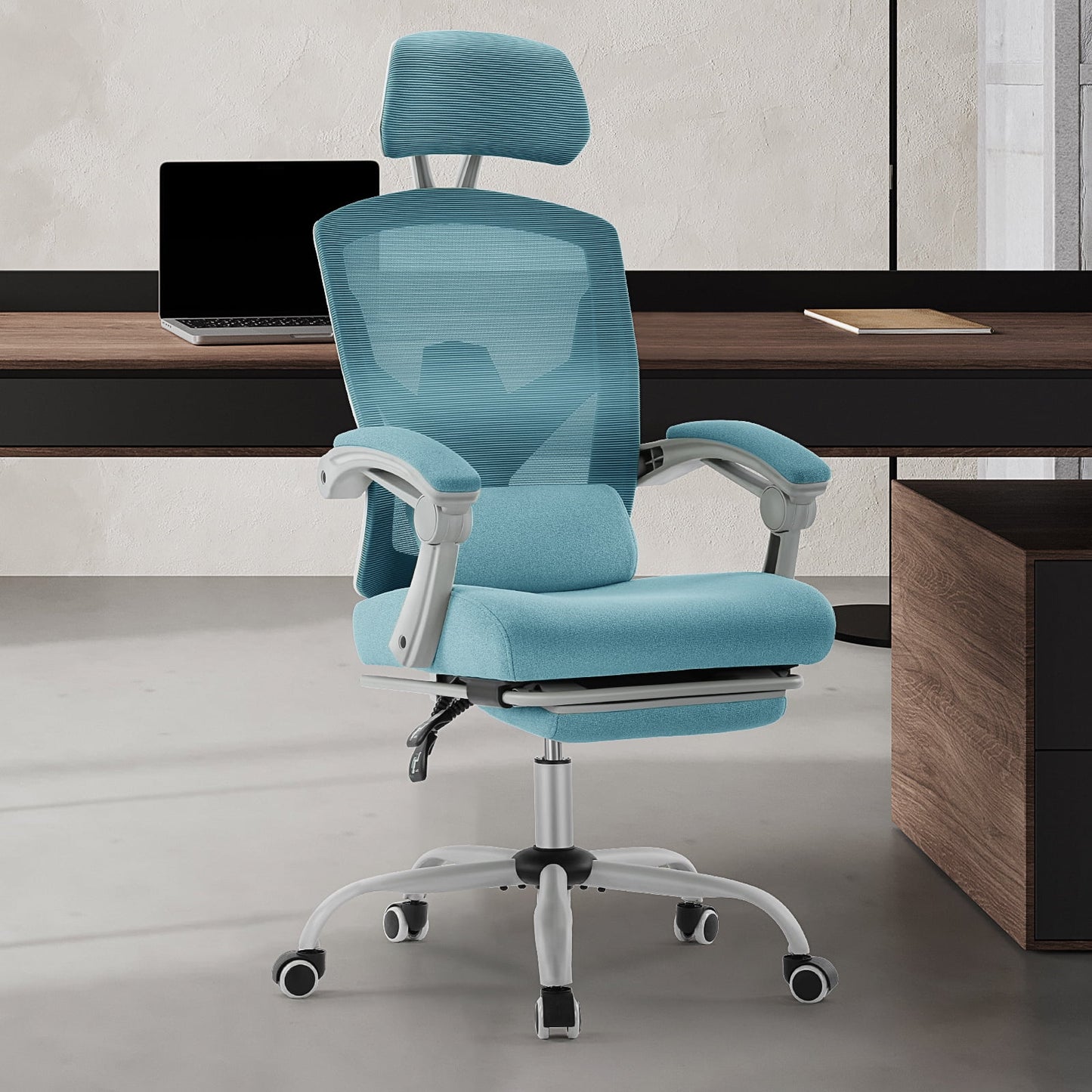 Gianna High-Back Ergonomic Mesh Office Chair with Lumbar Support, Adjustable Headrest, Footrest, and Padded Armrests for Maximum Comfort, Blue