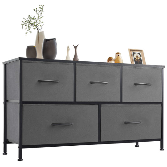 JIOABL Modern Dresser with Fabric 5-Drawer, Metal Frame, Ideal for Bedroom Storage, Grey