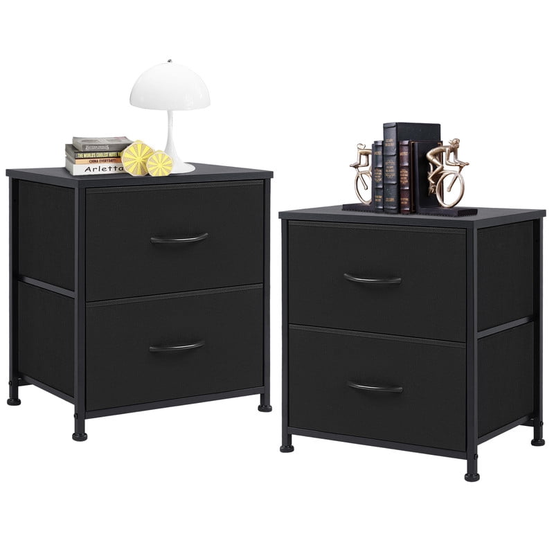 EDX Nigtstand for Bedroom, Tall Chest Organizer with Fabric Bins, Steel Frame, Black, Set of 2