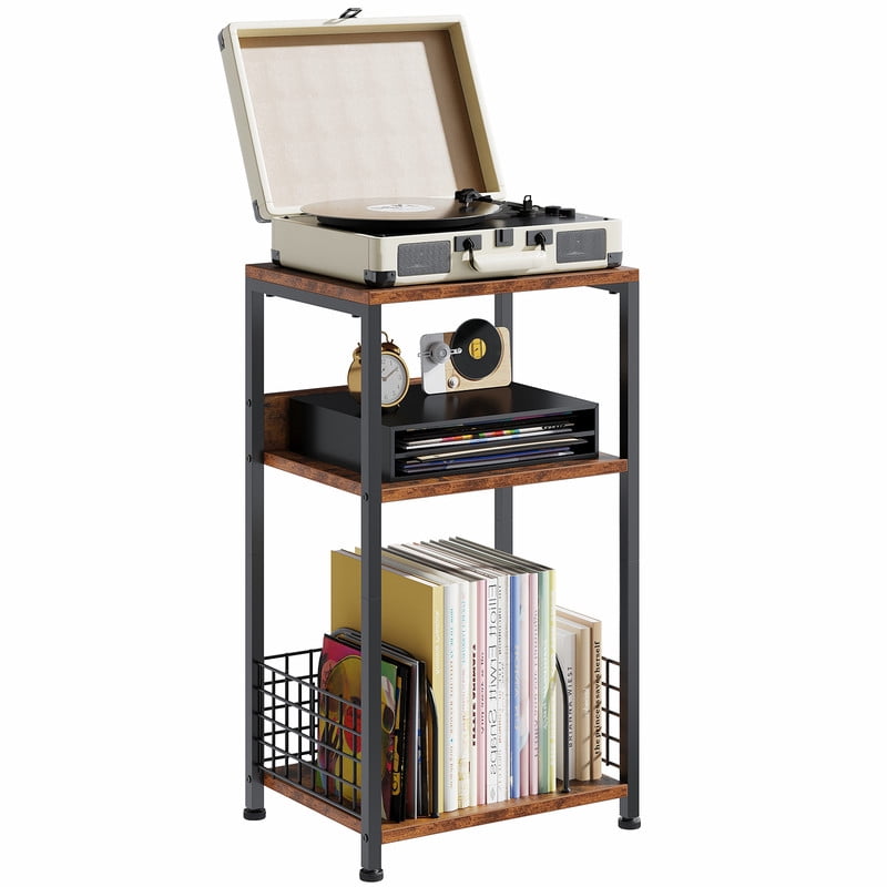 Gianna Record Player Stand, 3 Tier Turntable Table with Vinyl Storage for up to 100 Albums, End Side Table for Living Roomï¼ŒBrown