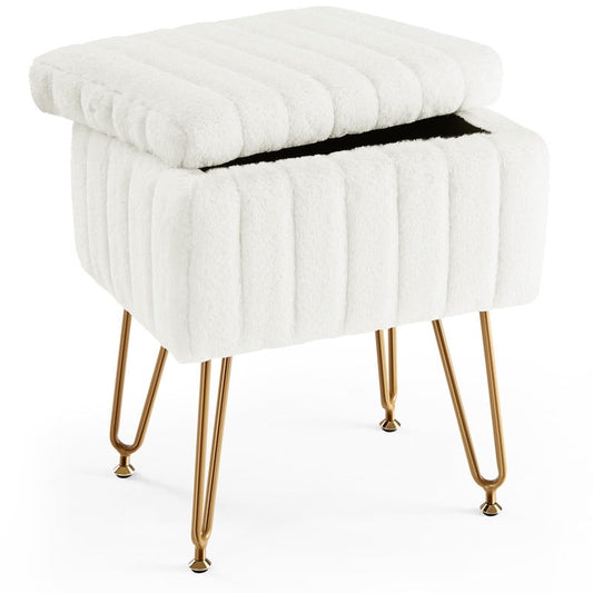 Gianna Square Ottoman with Storage, Makeup Cute Soft Small Footstool, Modern Style Faux Fur Seat with 4 Metal Legs & Adjustable Feet for Dressing, Living Room Bedroom Dorm, White